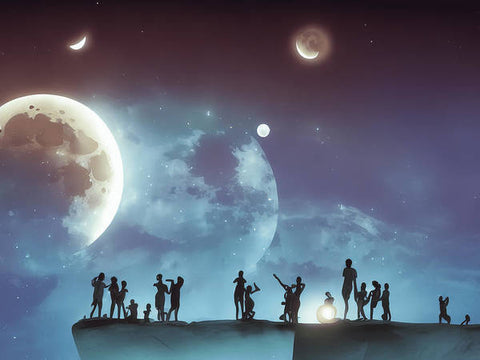 A scene of people playing in a big field with a glowing moon in the sky.
