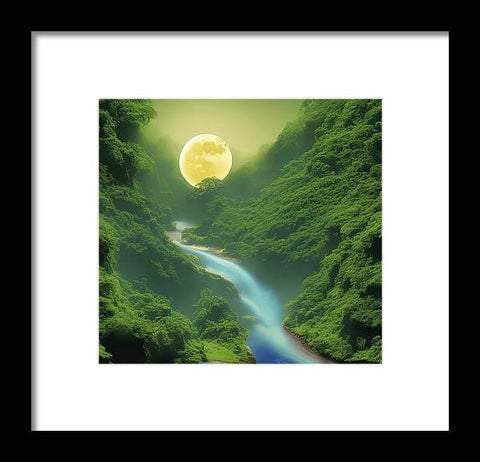 Art print of a river with trees and trees in the background.