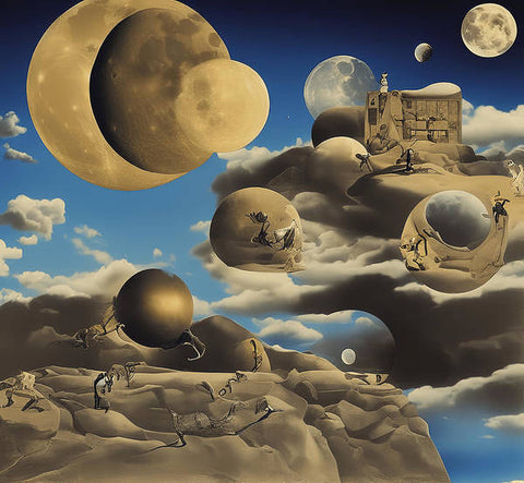 Dali's paintings of planets, moons and moons on top of a sky
