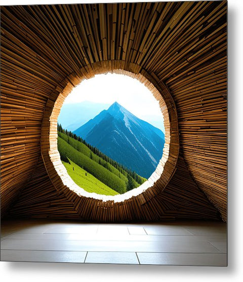 a view of a mountain through a round window in a wooden structure