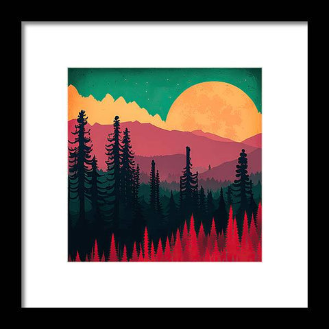 a painting of a forest with a full moon in the background