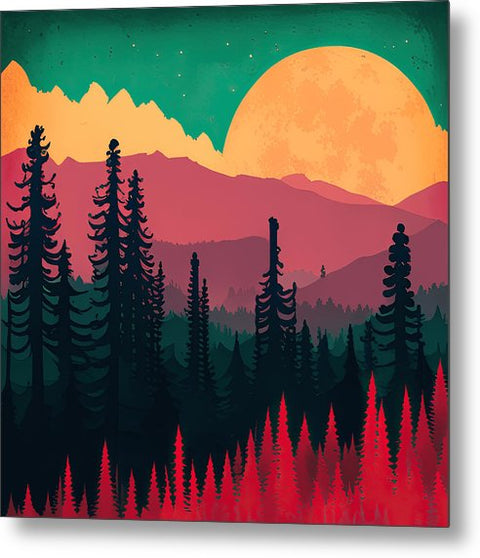 a painting of a forest scene with mountains and trees at sunset