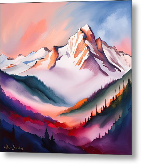 a painting of a mountain range with a pink sky and clouds