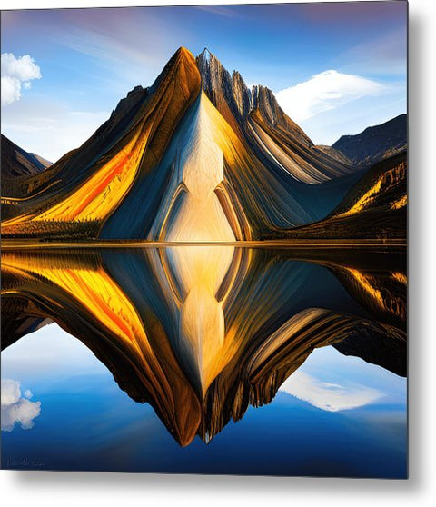 a mountain reflection in a lake with a sky background