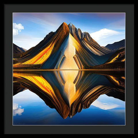 arafed mountain reflected in a lake with a sky background