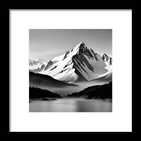 a black and white photo of a mountain range with a lake