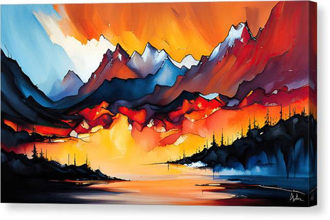 a painting of a sunset over mountains with a lake and trees