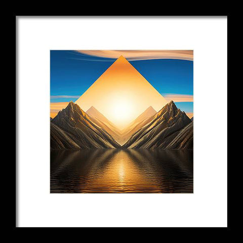 a painting of a mountain range with a lake and a sunset