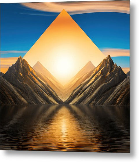 a painting of a mountain range with a lake and a sun in the sky