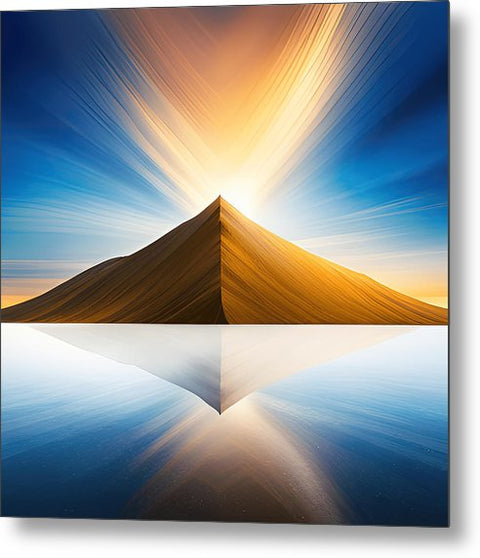 a mountain with a reflection in the water at sunset metal print