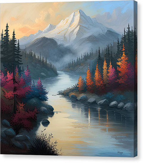 a painting of a mountain scene with a river and trees