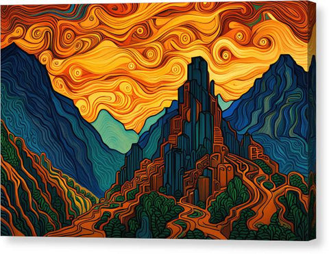a painting of a mountain landscape with a sunset and clouds