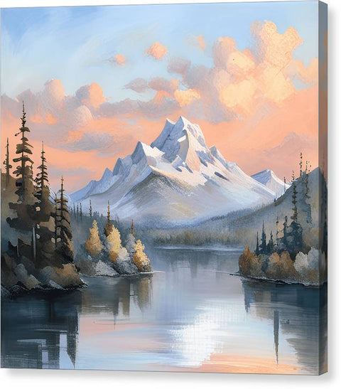 a painting of a mountain range with a lake and trees