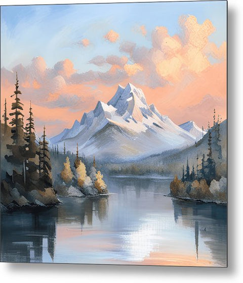 a painting of a mountain scene with a lake and trees