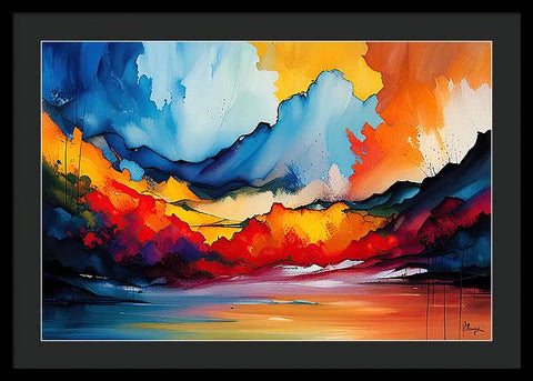 a painting of a sunset with clouds and water