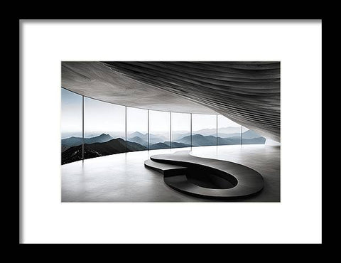 a close up of a curved bench in a room with a mountain view