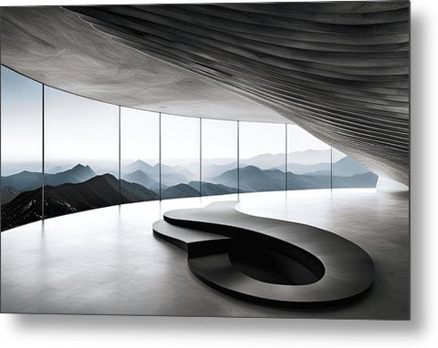 a close up of a curved bench in a room with a mountain view