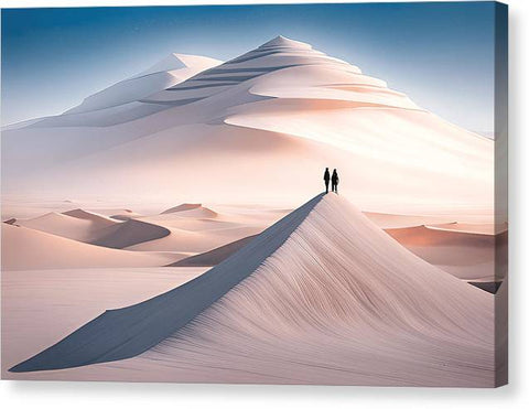 two people walking on a sand dune in the desert