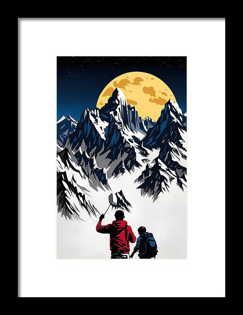 a framed print of two people sitting on a mountain with a full moon in the background