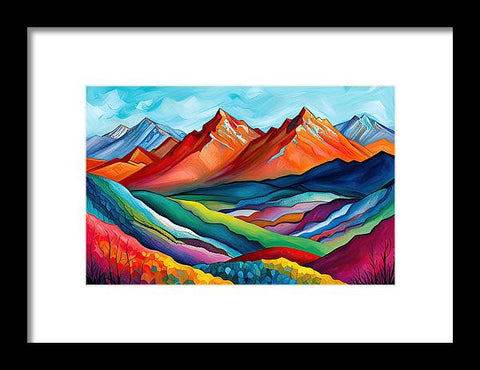 a painting of mountains with colorful colors and trees