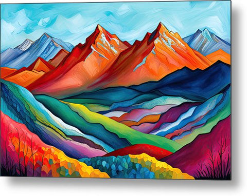 a painting of mountains with colorful colors and trees in the foreground