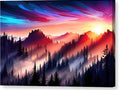 a painting of a mountain landscape with trees and a sunset