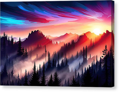 a painting of a mountain landscape with trees and a sunset