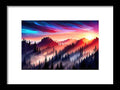 a painting of a mountain scene with a colorful sky and clouds