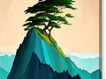 a painting of a tree on a mountain with a sky background