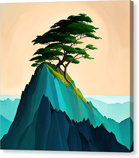 a painting of a tree on a mountain with a sky background