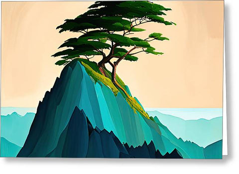 a painting of a tree on top of a mountain with a sky background