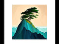 a painting of a lone tree on a mountain with a sky background