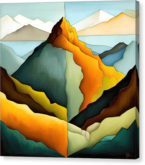 a painting of a mountain range with a sky background