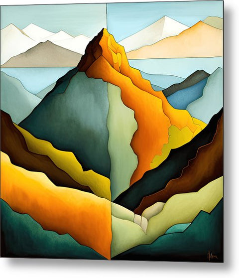 a painting of a mountain scene with a sky background