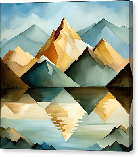 a painting of a mountain range with a lake and mountains in the background