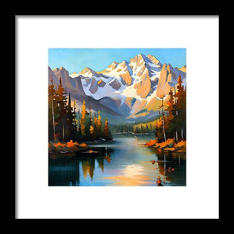 a painting of a mountain lake with a boat in it
