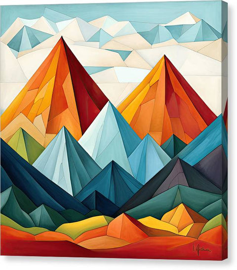 a painting of mountains with colorful colors and clouds