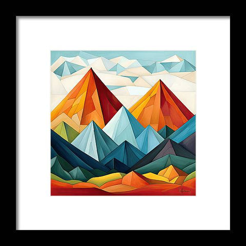a painting of mountains with a sky background and clouds