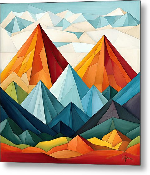 a painting of mountains with colorful colors and clouds in the background