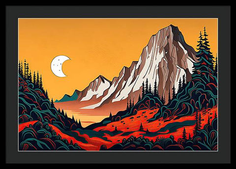 a picture of a painting of a mountain with a crescent