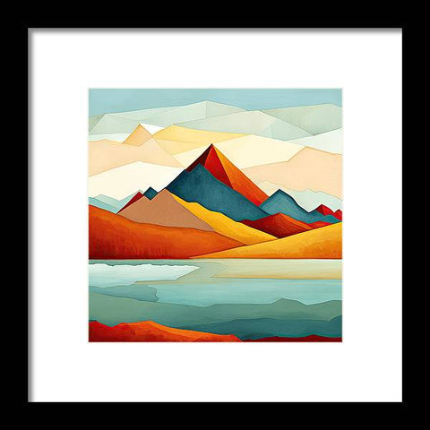 a painting of mountains and water with a sky background