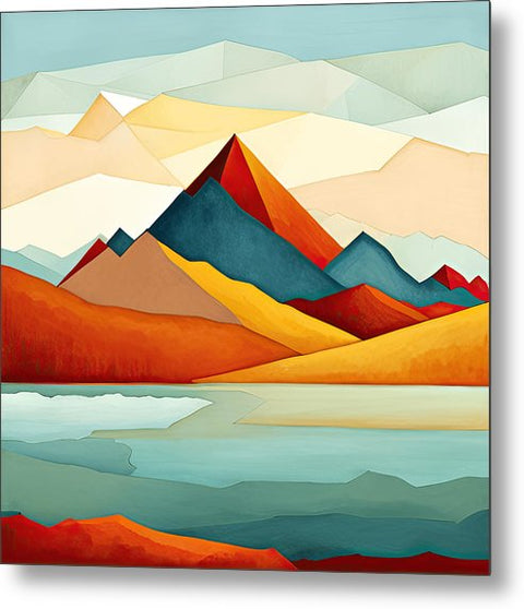 a painting of mountains and water with clouds in the background