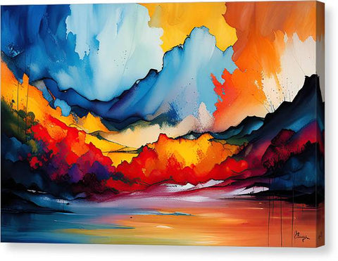 a painting of a colorful sunset with clouds over a lake