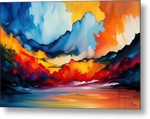 a painting of a sunset scene with clouds and water metal print