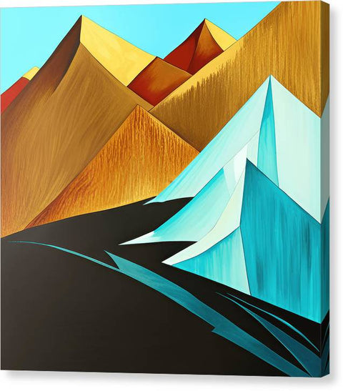 a painting of mountains with a blue sky and a yellow sky