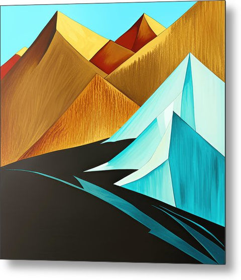 a painting of mountains with a blue sky and yellow and red