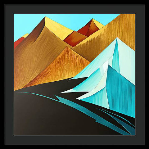 a painting of a mountain range with a blue sky and a few yellow mountains