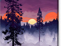 a painting of a sunset in the mountains with trees and fog