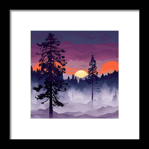 a painting of a sunset with a mountain and trees in the background