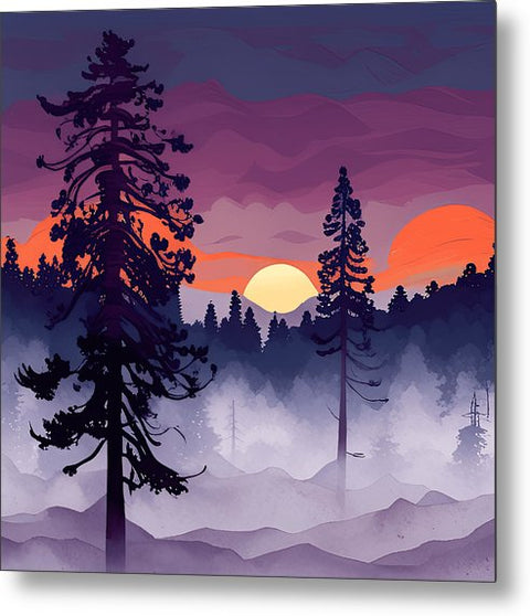 a painting of a sunset with trees and mountains in the background